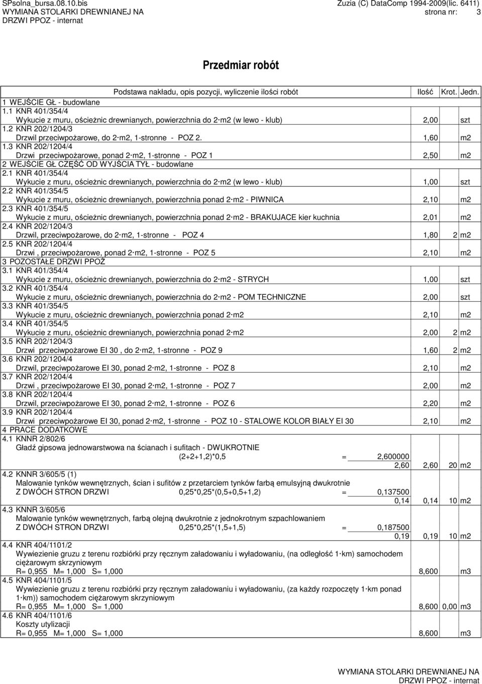 3 KNR 202/1204/4 Drzwi przeciwpożarowe, ponad 2 m2, 1-stronne - POZ 1 2,50 m2 2 WEJŚCIE GŁ CZĘŚĆ OD WYJŚCIA TYŁ - budowlane 2.