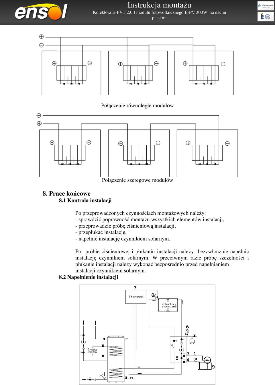 elementów instalacji, - przeprowadzić próbę ciśnieniową instalacji, - przepłukać instalację, - napełnić instalację czynnikiem solarnym.