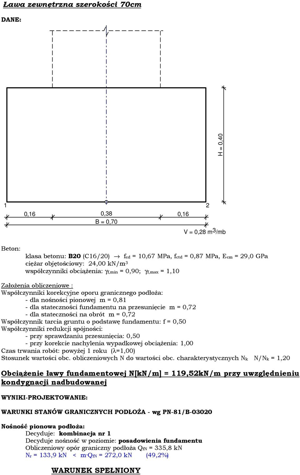 fundamentu na przesunięcie m = 0,72 - dla stateczności na obrót m = 0,72 Współczynnik tarcia gruntu o podstawę fundamentu: f = 0,50 Współczynniki redukcji spójności: - przy sprawdzaniu przesunięcia: