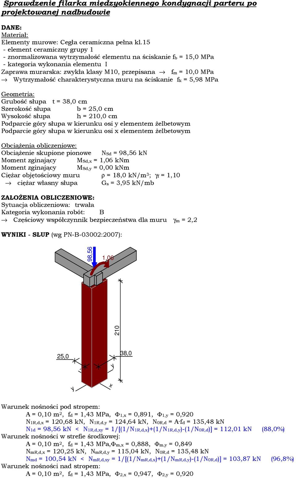 Wytrzymałość charakterystyczna muru na ściskanie fk = 5,98 MPa Geometria: Grubość słupa t = 38,0 cm Szerokość słupa b = 25,0 cm Wysokość słupa h = 210,0 cm Podparcie góry słupa w kierunku osi y