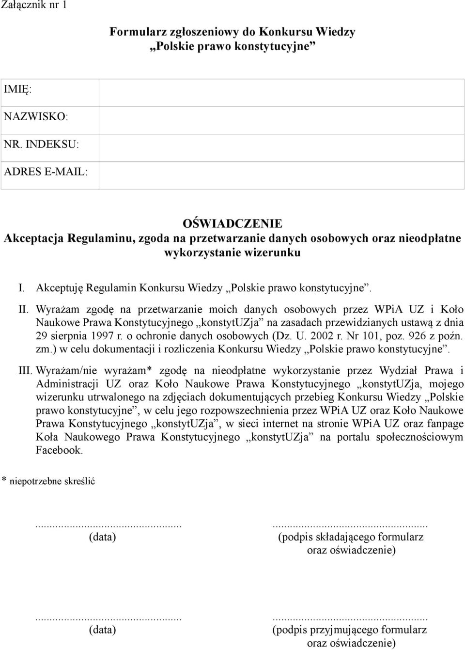 Akceptuję Regulamin Konkursu Wiedzy Polskie prawo konstytucyjne. II.