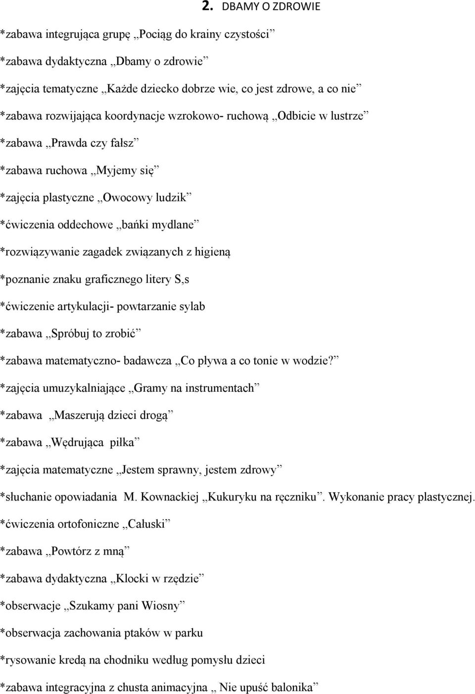 związanych z higieną *poznanie znaku graficznego litery S,s *ćwiczenie artykulacji- powtarzanie sylab *zabawa Spróbuj to zrobić *zabawa matematyczno- badawcza Co pływa a co tonie w wodzie?