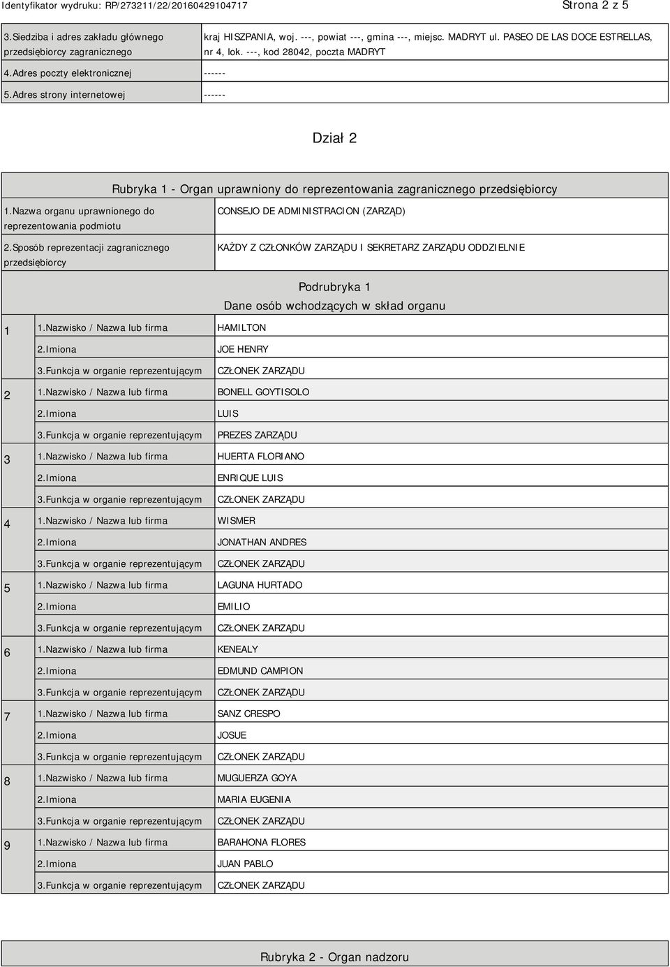 Nazwa organu uprawnionego do reprezentowania podmiotu 2.Sposób reprezentacji zagranicznego CONSEJO DE ADMINISTRACION (ZARZĄD) KAŻDY Z CZŁONKÓW ZARZĄDU I SEKRETARZ ZARZĄDU ODDZIELNIE 1 1.