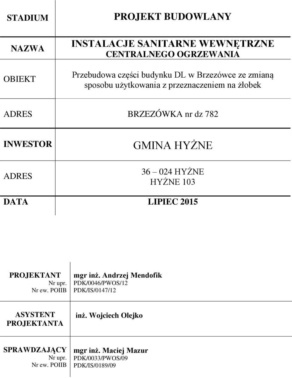 024 HYŻNE HYŻNE 103 DATA LIPIEC 2015 PROJEKTANT Nr upr. Nr ew. POIIB mgr inż.