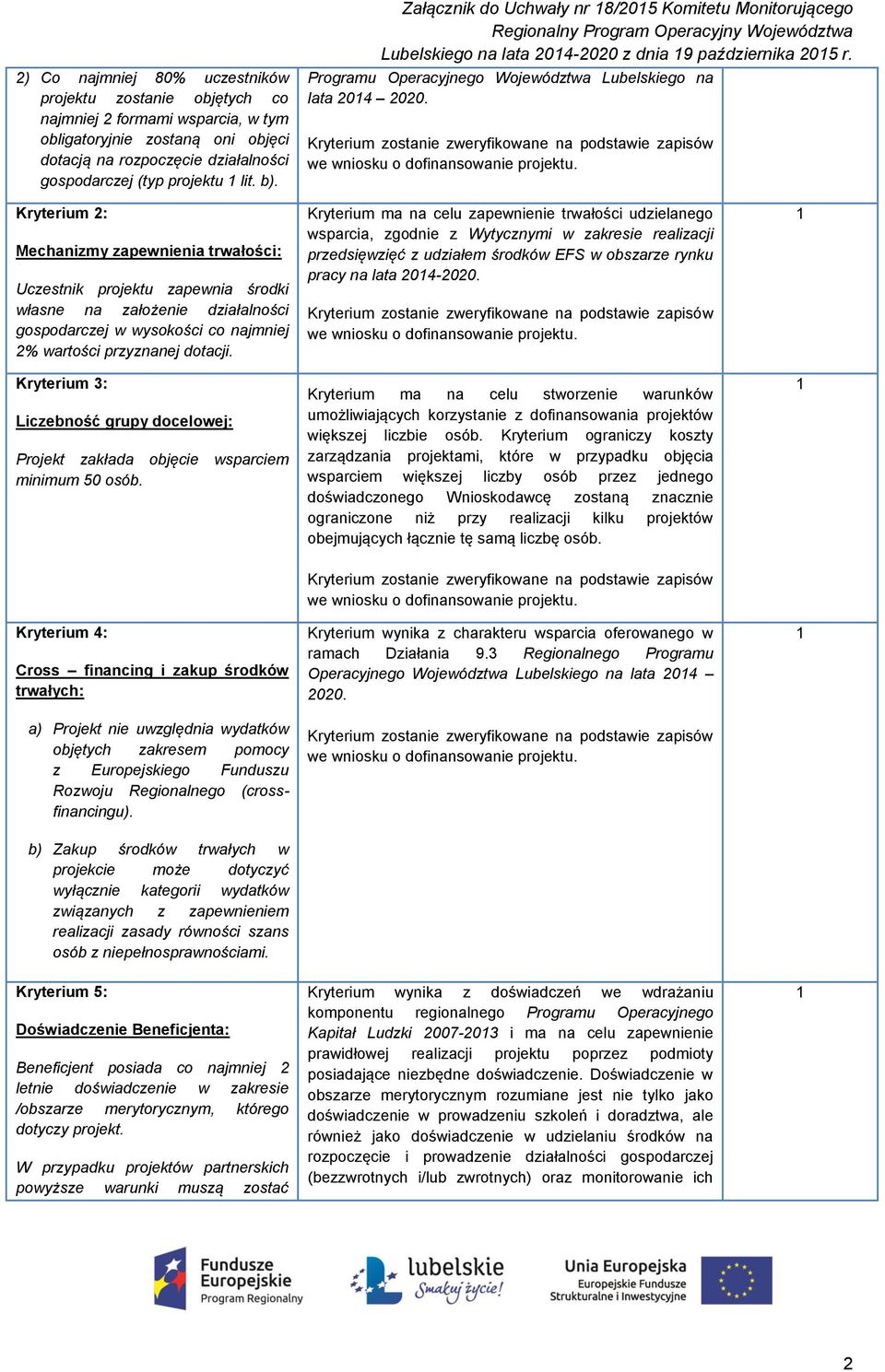 Kryterium 2: Mechanizmy zapewnienia trwałości: Uczestnik projektu zapewnia środki własne na założenie działalności gospodarczej w wysokości co najmniej 2% wartości przyznanej dotacji.
