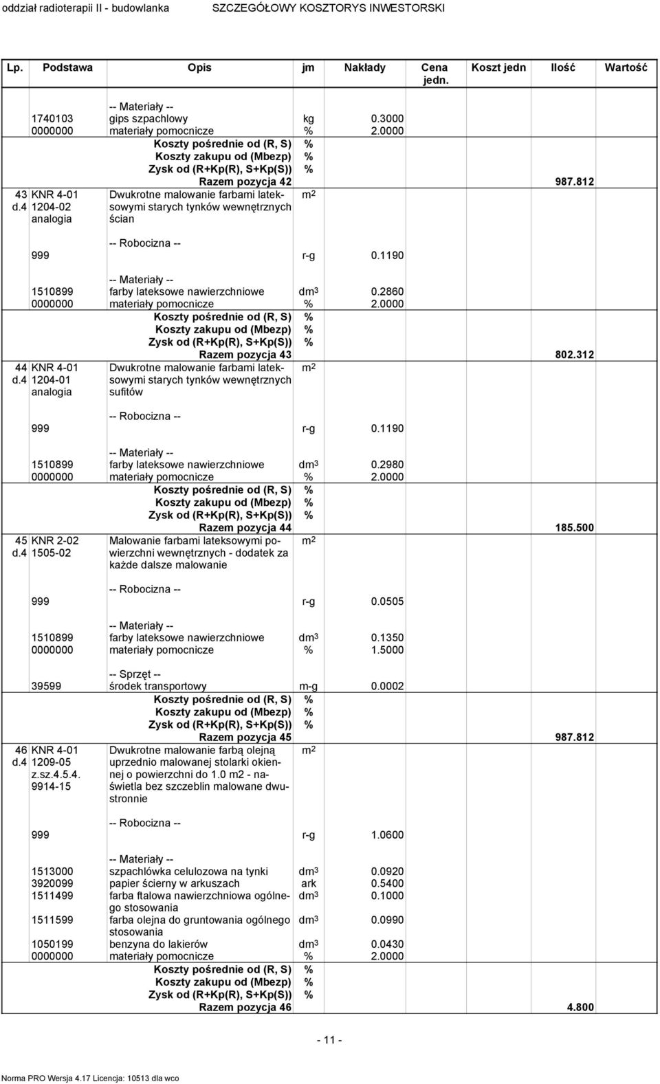 4 1204-01 Razem pozycja 43 802.312 Dwukrotne malowanie farbami lateksowymi starych tynków wewnętrznych sufitów 999 r-g 0.1190 1510899 farby lateksowe nawierzchniowe dm 3 0.