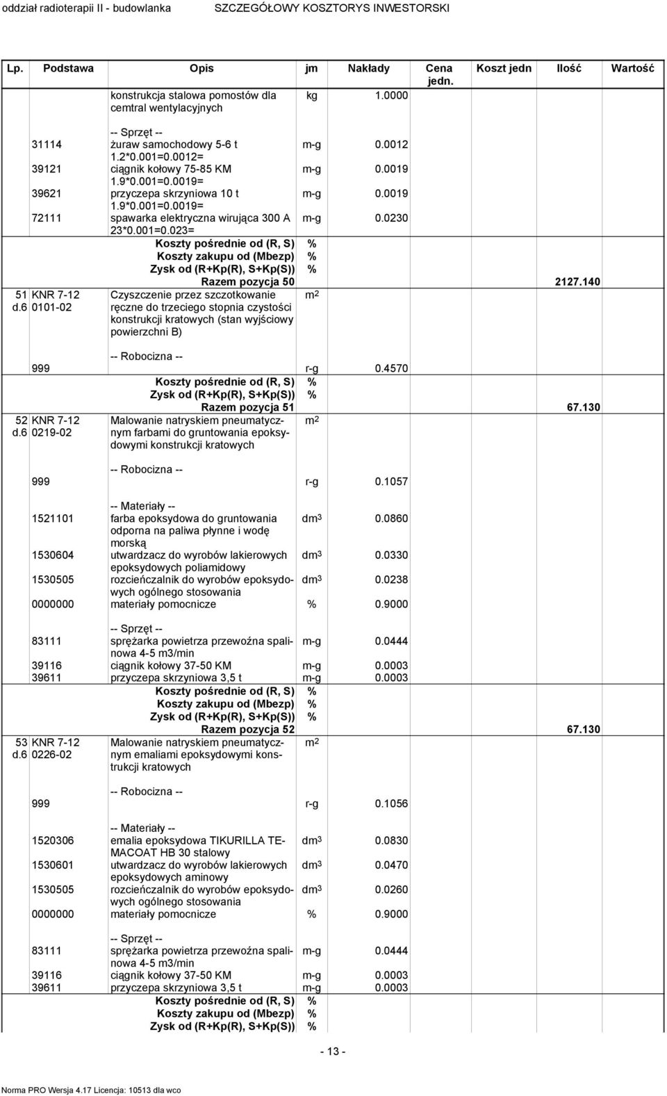 0012 m-g 0.0019 m-g 0.0019 m-g 0.0230 Razem pozycja 50 2127.140 Czyszczenie przez szczotkowanie ręczne do trzeciego stopnia czystości konstrukcji kratowych (stan wyjściowy powierzchni B) 999 r-g 0.