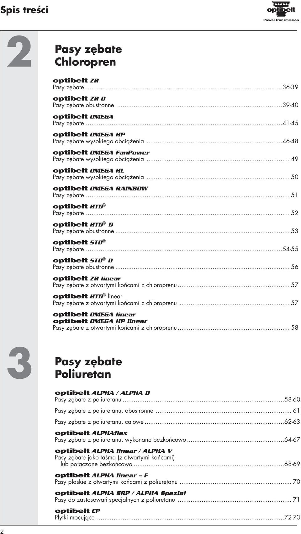 .. 52 optibelt HTD D Pasy zębate obustronne... 53 optibelt STD Pasy zębate...54-55 optibelt STD D Pasy zębate obustronne... 56 optibelt ZR linear Pasy zębate z otwartymi końcami z chloroprenu.