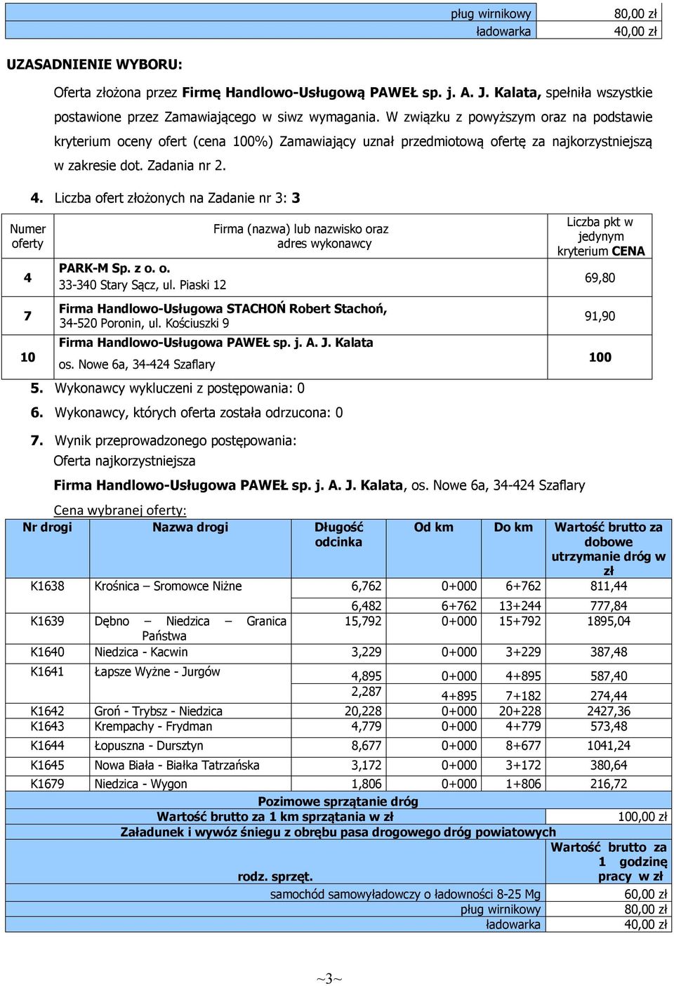 Liczba ofert złożonych na Zadanie nr 3: 3 4 7 10 PARK-M Sp. z o. o. 33-340 Stary Sącz, ul. Piaski 12 Firma Handlowo-Usługowa STACHOŃ Robert Stachoń, 34-520 Poronin, ul.