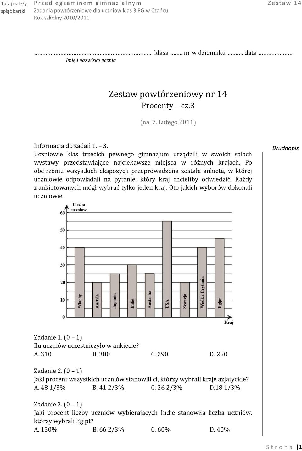 Po obejrzeniu wszystkich ekspozycji przeprowadzona została ankieta, w której uczniowie odpowiadali na pytanie, który kraj chcieliby odwiedzić. Każdy z ankietowanych mógł wybrać tylko jeden kraj.