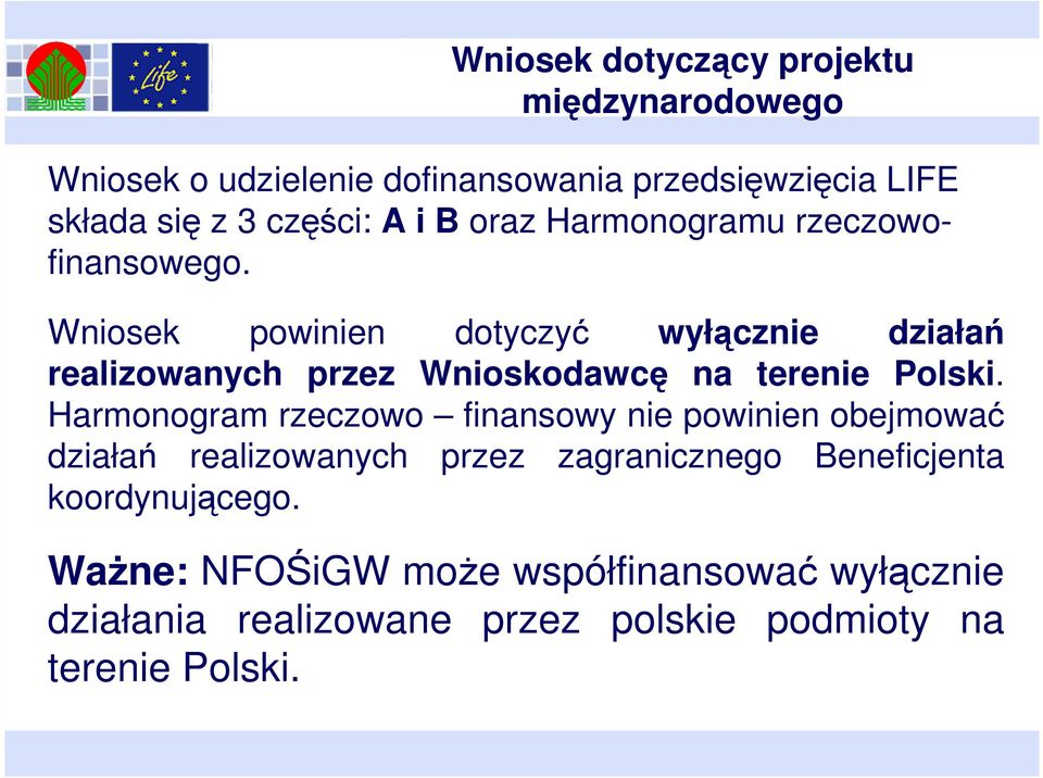 Wniosek powinien dotyczyć wyłącznie działań realizowanych przez Wnioskodawcę na terenie Polski.