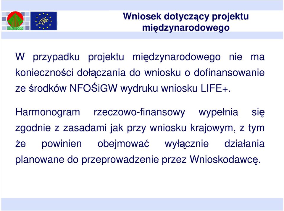 Harmonogram rzeczowo-finansowy wypełnia się zgodnie z zasadami jak przy wniosku krajowym, z