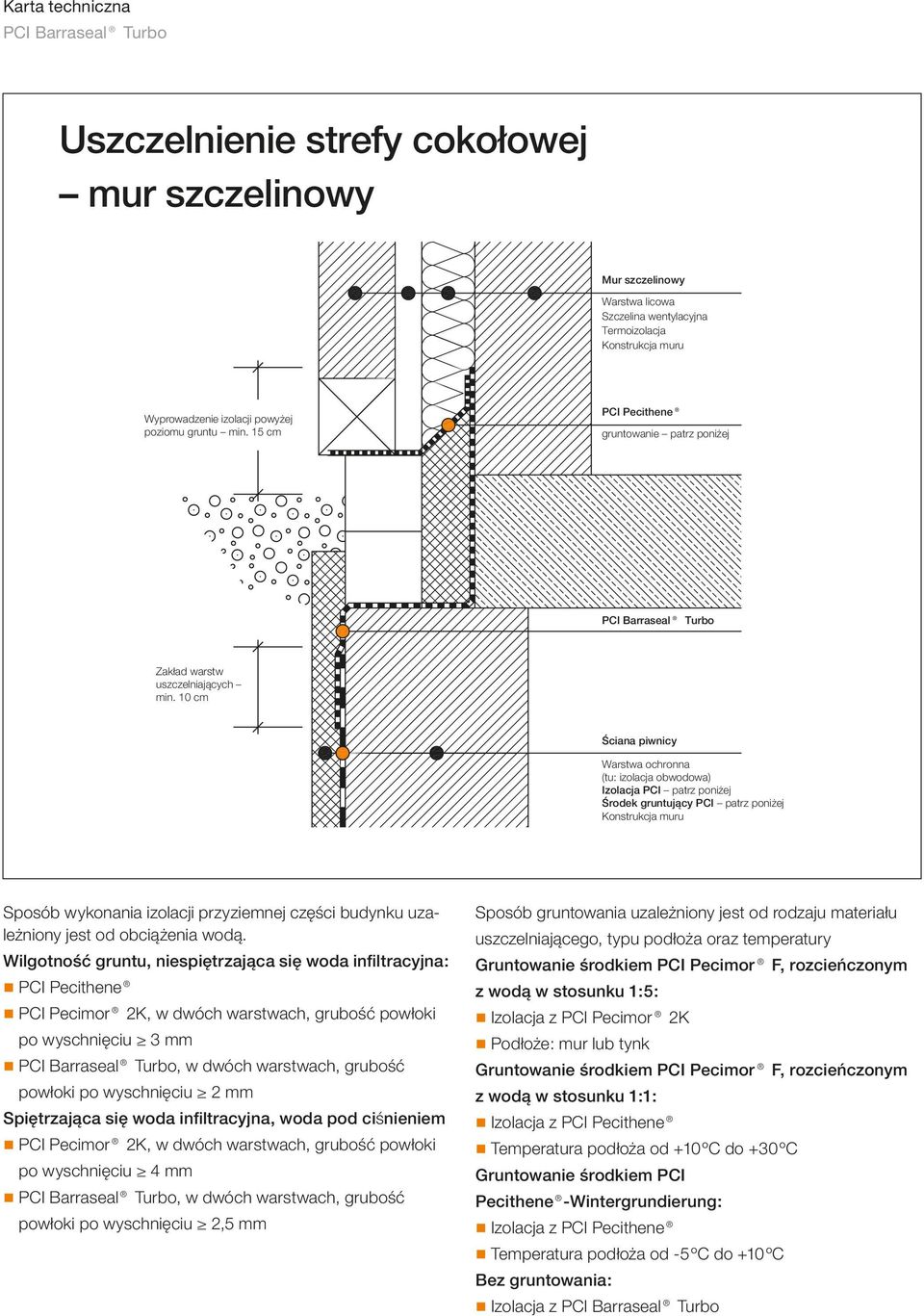10 cm Ściana piwnicy Warstwa ochronna (tu: izolacja obwodowa) Izolacja PCI patrz poniżej Środek gruntujący PCI patrz poniżej Sposób wykonania izolacji przyziemnej części budynku uzależniony jest od