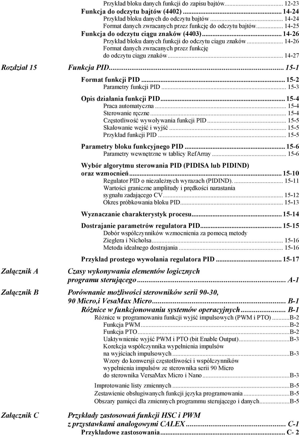 .. 14-26 Format danych zwracanych przez funkcję do odczytu ciągu znaków... 14-27 Funkcja PID...15-1 Format funkcji PID... 15-2 Parametry funkcji PID... 15-3 Opis działania funkcji PID.