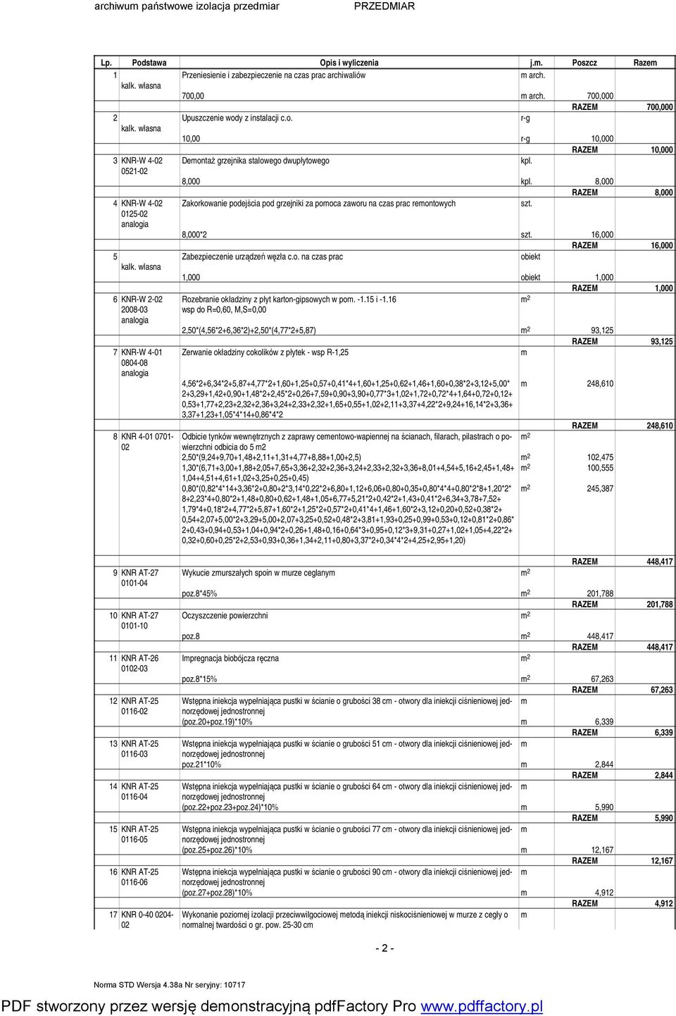 8,000 4 KNR-W 4- Zakorkowanie podejścia pod grzejniki za pooca zaworu na czas prac reontowych szt. 25-8,000*2 szt. 16,000 RAZEM 16,000 5 Zabezpieczenie urządzeń węzła c.o. na czas prac obiekt 1,000 obiekt 1,000 RAZEM 1,000 6 KNR-W 2- Rozebranie okładziny z płyt karton-gipsowych w po.