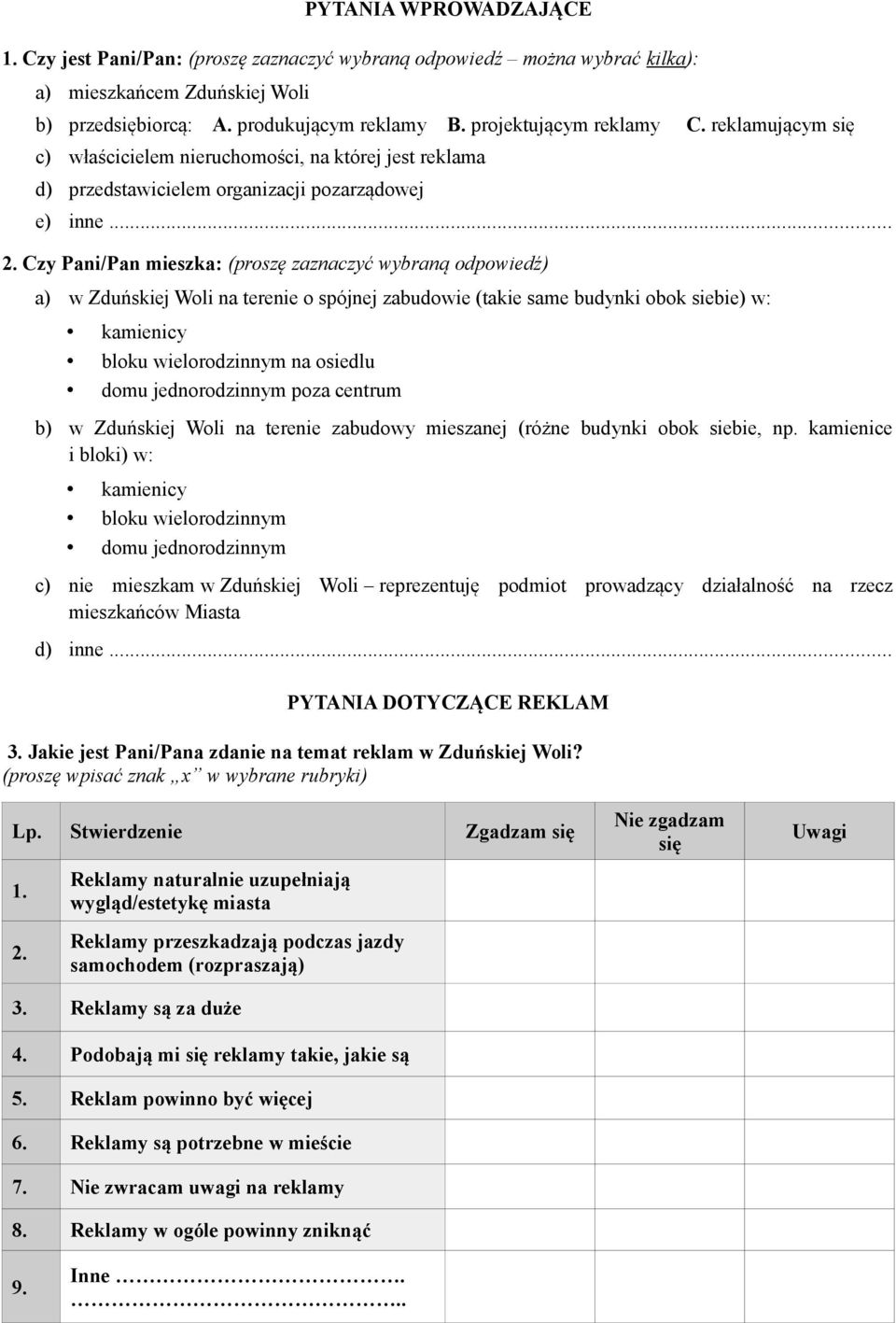 Czy Pani/Pan mieszka: (proszę zaznaczyć wybraną odpowiedź) a) w Zduńskiej Woli na terenie o spójnej zabudowie (takie same budynki obok siebie) w: kamienicy bloku wielorodzinnym na osiedlu domu