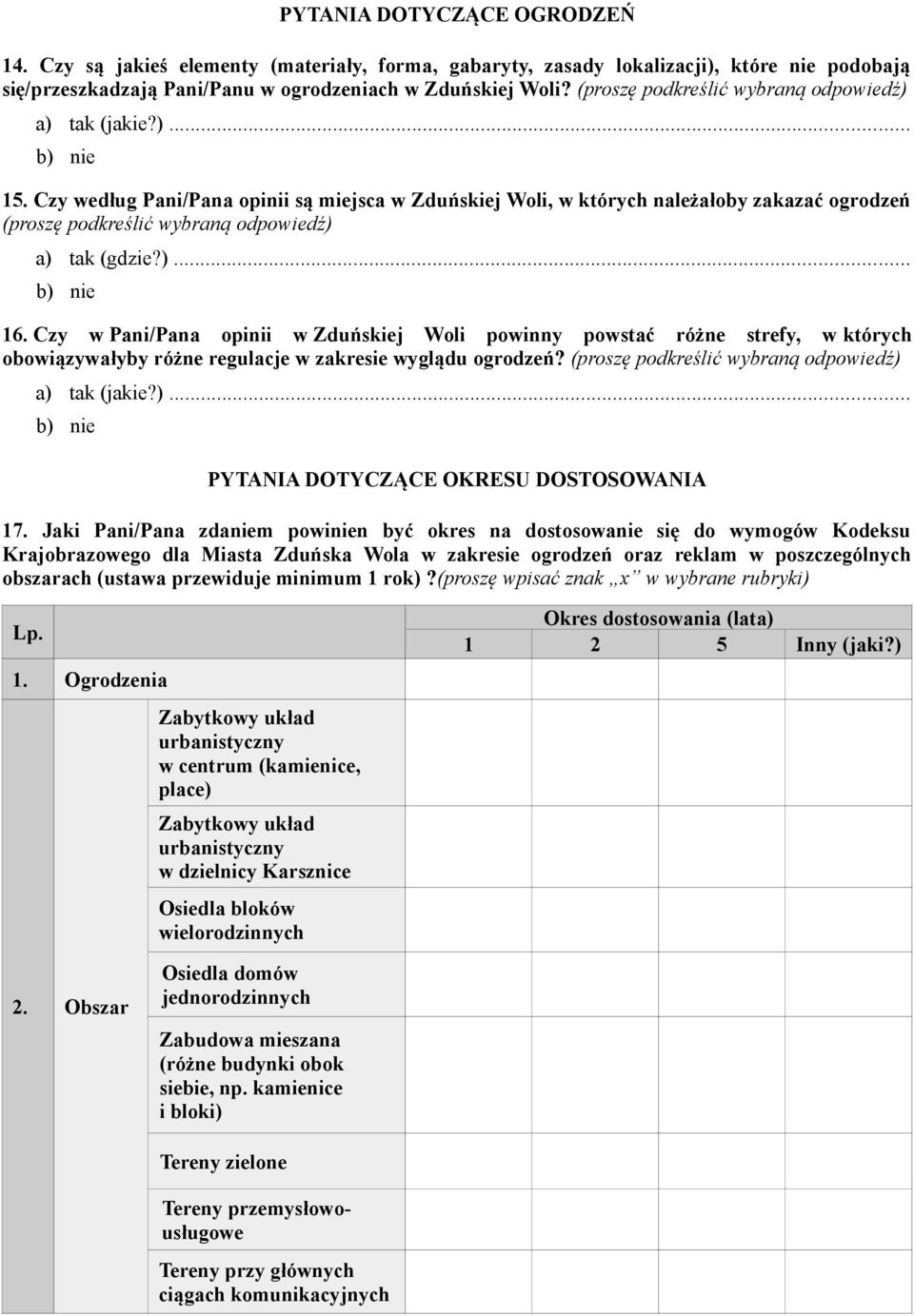 Czy w Pani/Pana opinii w Zduńskiej Woli powinny powstać różne strefy, w których obowiązywałyby różne regulacje w zakresie wyglądu ogrodzeń? (proszę podkreślić wybraną odpowiedź) 