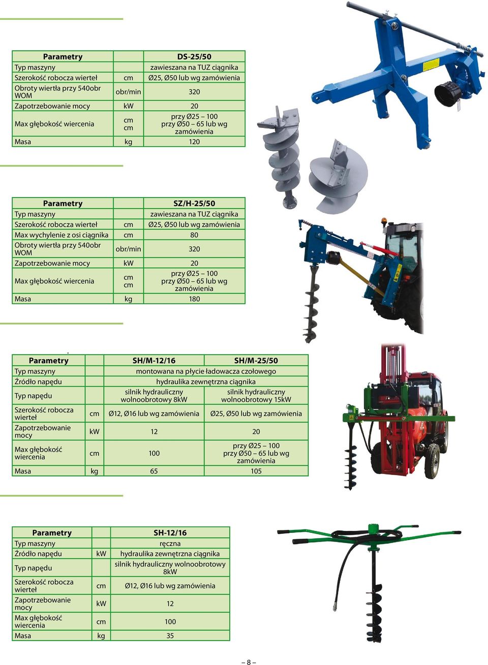 wiercenia przy Ø25 100 przy Ø50 65 lub wg zamówienia Masa kg 180 ŚWIDER ZIEMNY SH/M-12/16 SH/M-25/50 SH/M-12/16 SH/M-25/50 montowana na płycie ładowacza czołowego hydraulika zewnętrzna Typ napędu