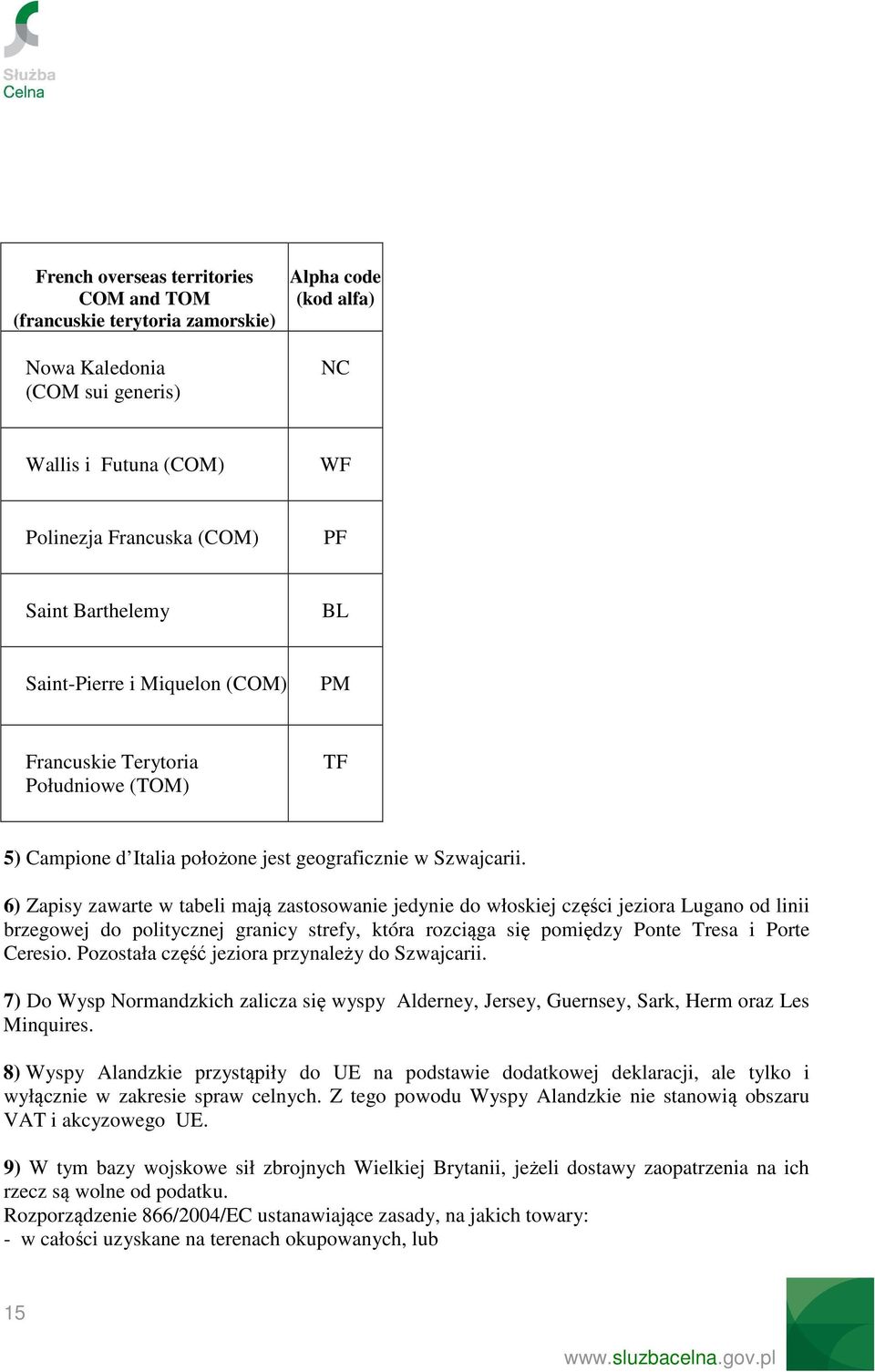 6) Zapisy zawarte w tabeli mają zastosowanie jedynie do włoskiej części jeziora Lugano od linii brzegowej do politycznej granicy strefy, która rozciąga się pomiędzy Ponte Tresa i Porte Ceresio.