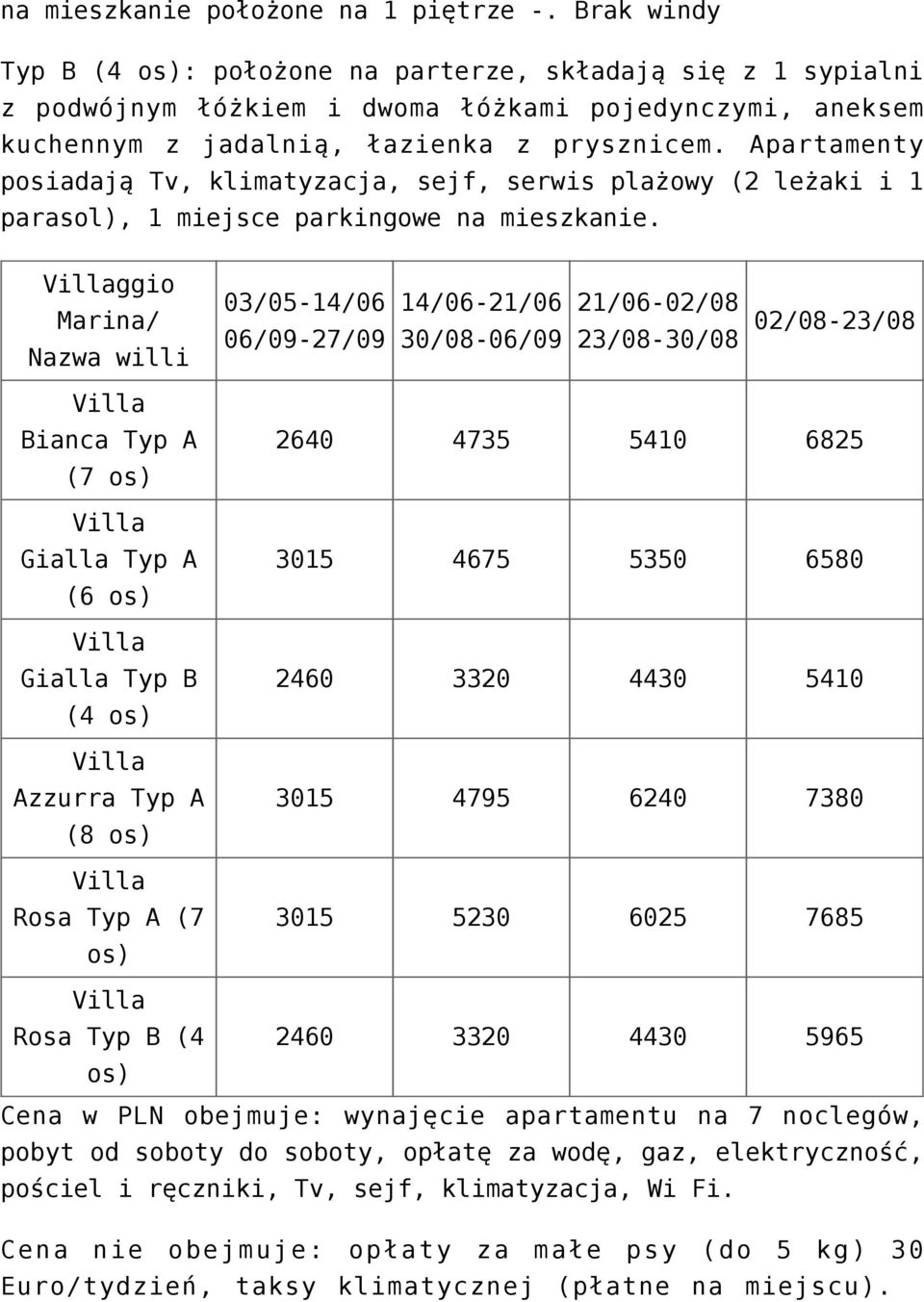 Apartamenty posiadają Tv, klimatyzacja, sejf, serwis plażowy (2 leżaki i 1 parasol), 1 miejsce parkingowe na mieszkanie.