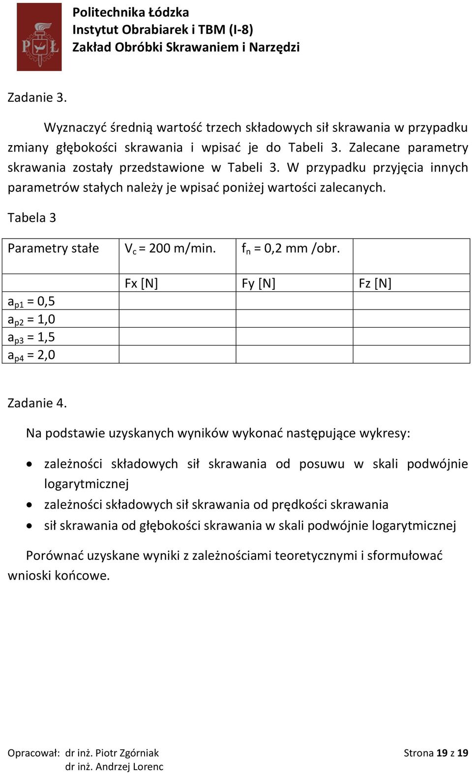 a p1 = 0,5 a p2 = 1,0 a p3 = 1,5 a p4 = 2,0 Fx [N] Fy [N] Fz [N] Zadanie 4.