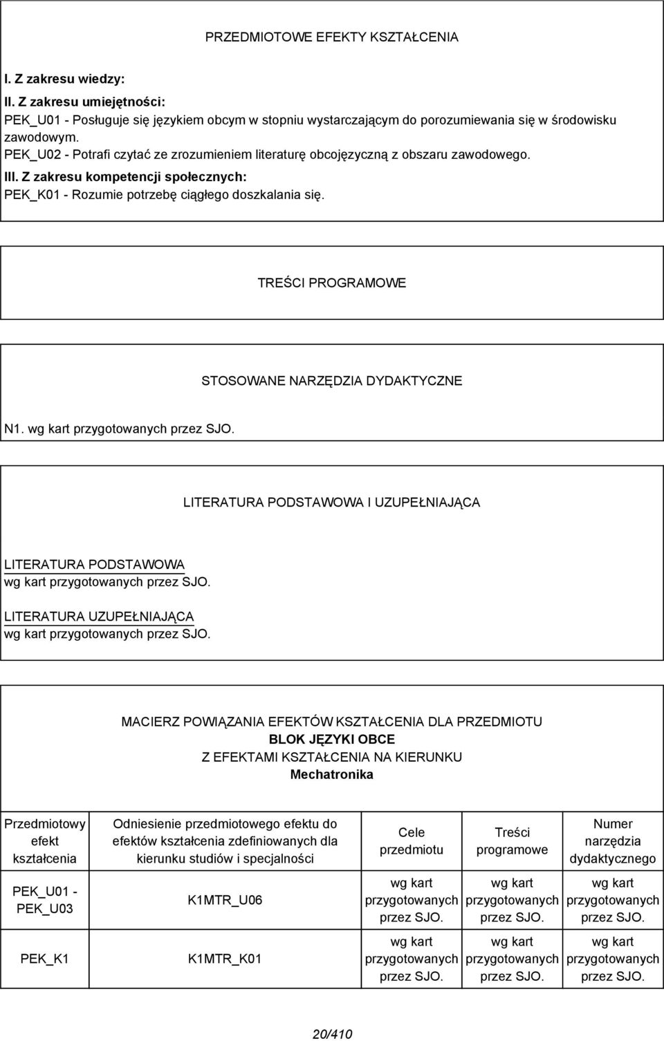 TREŚCI PROGRAMOWE STOSOWANE NARZĘDZIA DYDAKTYCZNE N1. wg kart przygotowanych przez SJO. LITERATURA PODSTAWOWA I UZUPEŁNIAJĄCA LITERATURA PODSTAWOWA wg kart przygotowanych przez SJO.