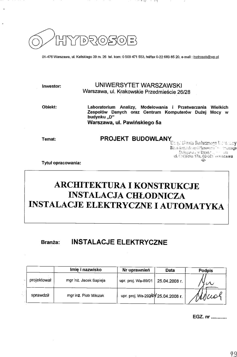 Pawnskego Sa Welkch Mocy w Temat: PROJET BUDOWLANY. Tytut opracowana: 1.