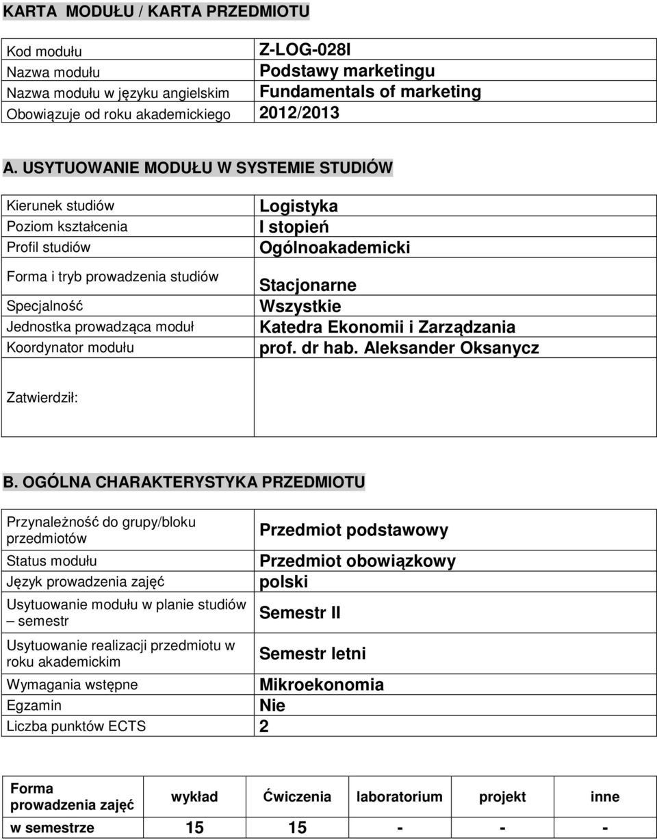 Ogólnoakademicki Stacjonarne Wszystkie Katedra Ekonomii i Zarządzania prof. dr hab. Aleksander Oksanycz Zatwierdził: B.