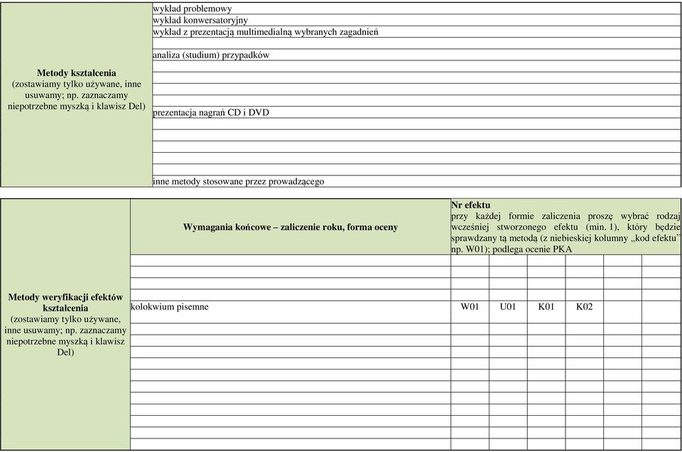 zaznaczamy niepotrzebne myszką i klawisz Del) prezentacja nagrań CD i DVD inne metody stosowane przez prowadzącego Wymagania końcowe zaliczenie roku, forma oceny Nr efektu przy