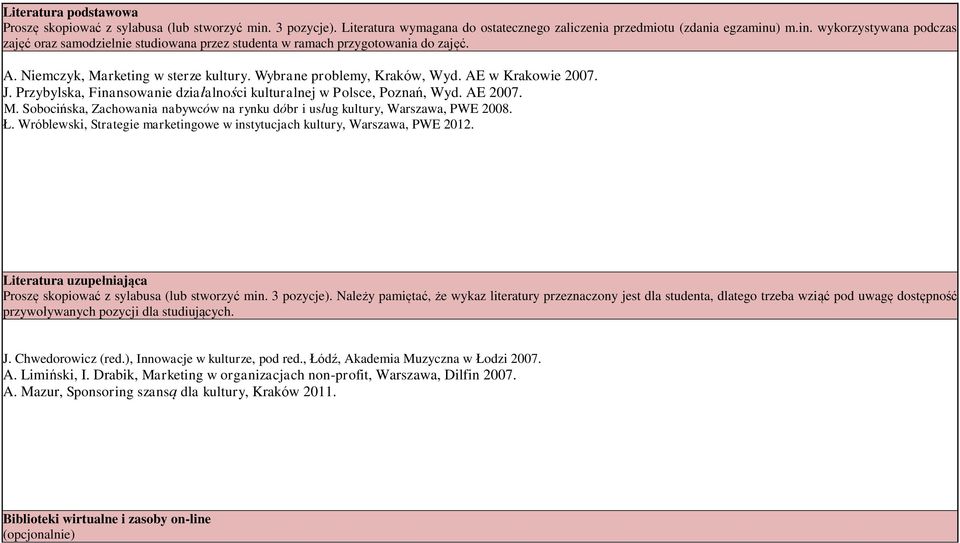 Ł. Wróblewski, Strategie marketingowe w instytucjach kultury, Warszawa, PWE 01. Literatura uzupełniająca Proszę skopiować z sylabusa (lub stworzyć min. 3 pozycje).