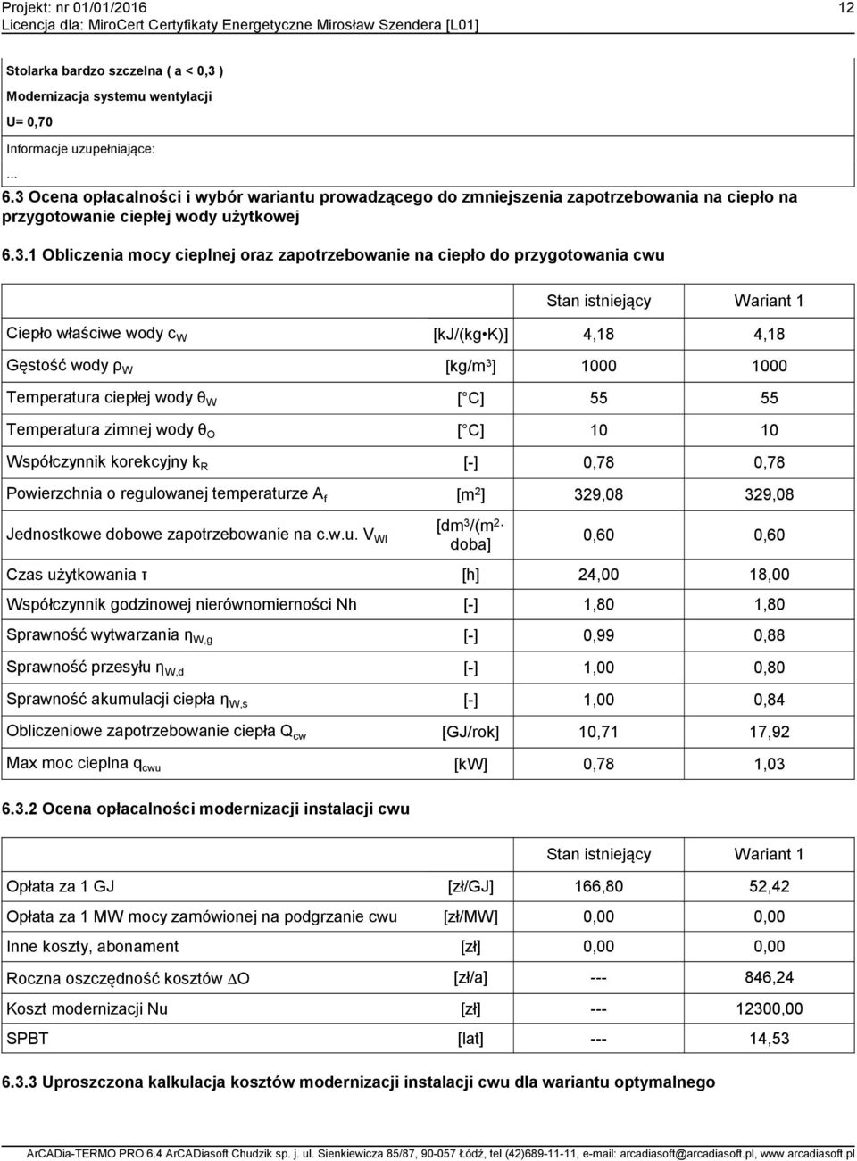 przygotowania cwu Stan istniejący Wariant 1 Ciepło właściwe wody c W [kj/(kg K)] 4,18 4,18 Gęstość wody ρ W [kg/m 3 ] 1000 1000 Temperatura ciepłej wody θ W [ C] 55 55 Temperatura zimnej wody θ O [