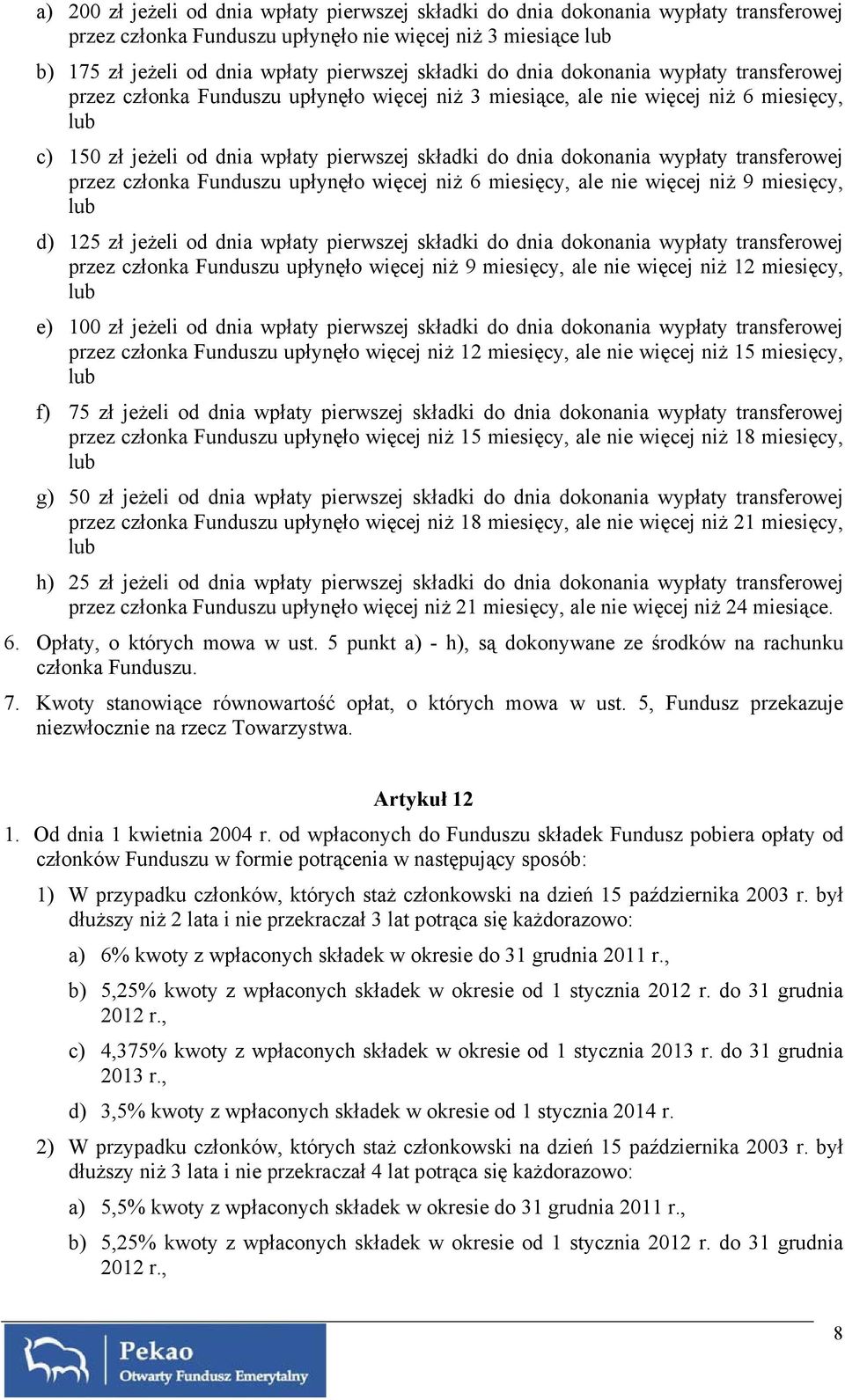 dokonania wypłaty transferowej przez członka Funduszu upłynęło więcej niż 6 miesięcy, ale nie więcej niż 9 miesięcy, lub d) 125 zł jeżeli od dnia wpłaty pierwszej składki do dnia dokonania wypłaty