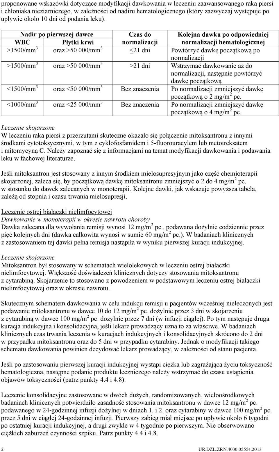 Nadir po pierwszej dawce Czas do Kolejna dawka po odpowiedniej WBC Płytki krwi normalizacji normalizacji hematologicznej >1500/mm 3 oraz >50 000/mm 3 <21 dni Powtórzyć dawkę początkową po