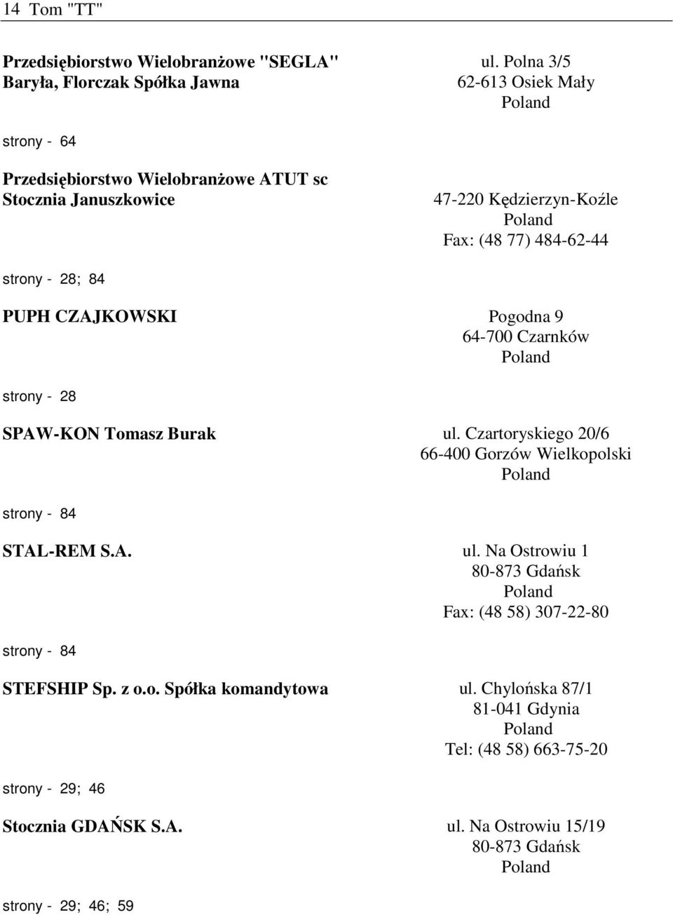 PUPH CZAJKOWSKI Pogodna 9 64-700 Czarnków strony - 28 SPAW-KON Tomasz Burak ul. Czartoryskiego 20/6 66-400 Gorzów Wielkopolski strony - 84 STAL-REM S.A. ul. Na Ostrowiu 1 80-873 Gdańsk Fax: (48 58) 307-22-80 strony - 84 STEFSHIP Sp.