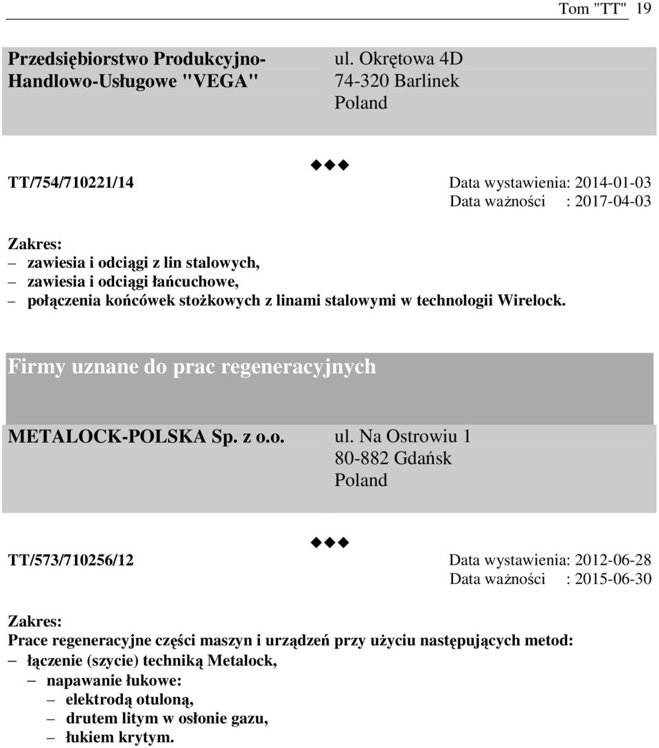 połączenia końcówek stożkowych z linami stalowymi w technologii Wirelock. Firmy uznane do prac regeneracyjnych METALOCK-POLSKA Sp. z o.o. ul.