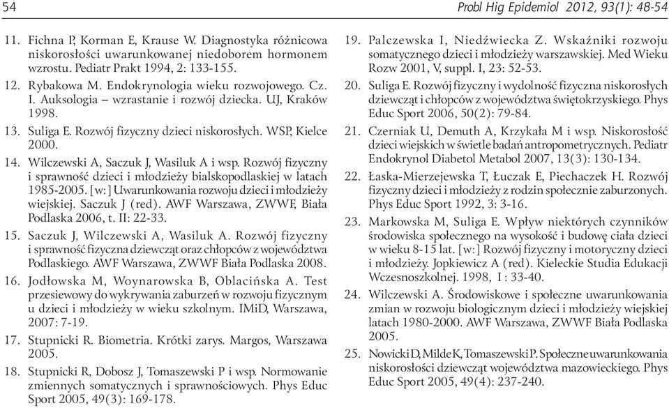 Wilczewski A, Saczuk J, Wasiluk A i wsp. Rozwój fizyczny i sprawność dzieci i młodzieży bialskopodlaskiej w latach 1985-25. [w:] Uwarunkowania rozwoju dzieci i młodzieży wiejskiej. Saczuk J (red).