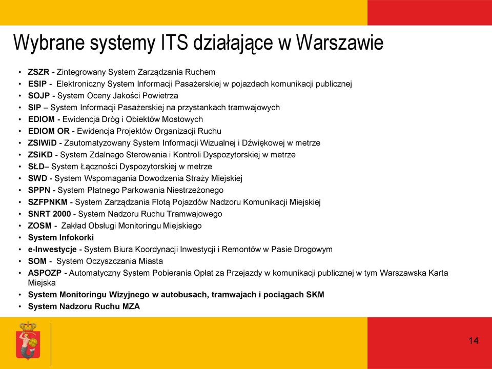 System Informacji Wizualnej i Dźwiękowej w metrze ZSiKD - System Zdalnego Sterowania i Kontroli Dyspozytorskiej w metrze SŁD System Łączności Dyspozytorskiej w metrze SWD - System Wspomagania