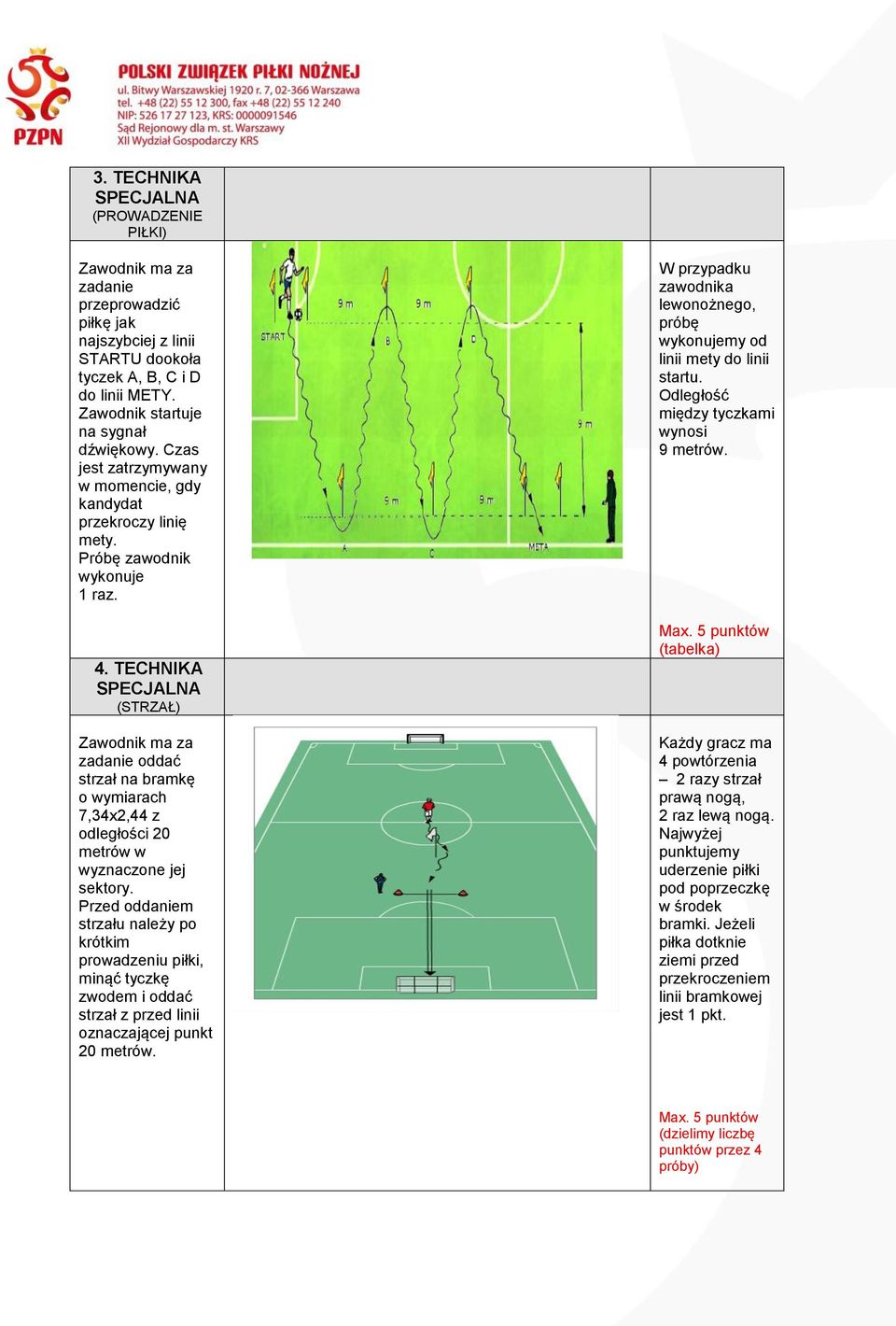 TECHNIKA SPECJALNA (STRZAŁ) Zawodnik ma za zadanie oddać strzał na bramkę o wymiarach 7,34x2,44 z odległości 20 metrów w wyznaczone jej sektory.