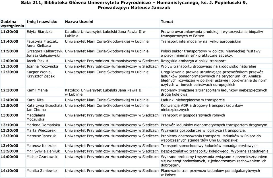 Frączek, Anna Kiełbasa 11:50:00 Grzegorz Kalbarczyk, Jonasz Gałęziowski Prawne uwarunkowania produkcji i wykorzystania biopaliw transportowych w Polsce Transport intermodalny na rynku europejskim
