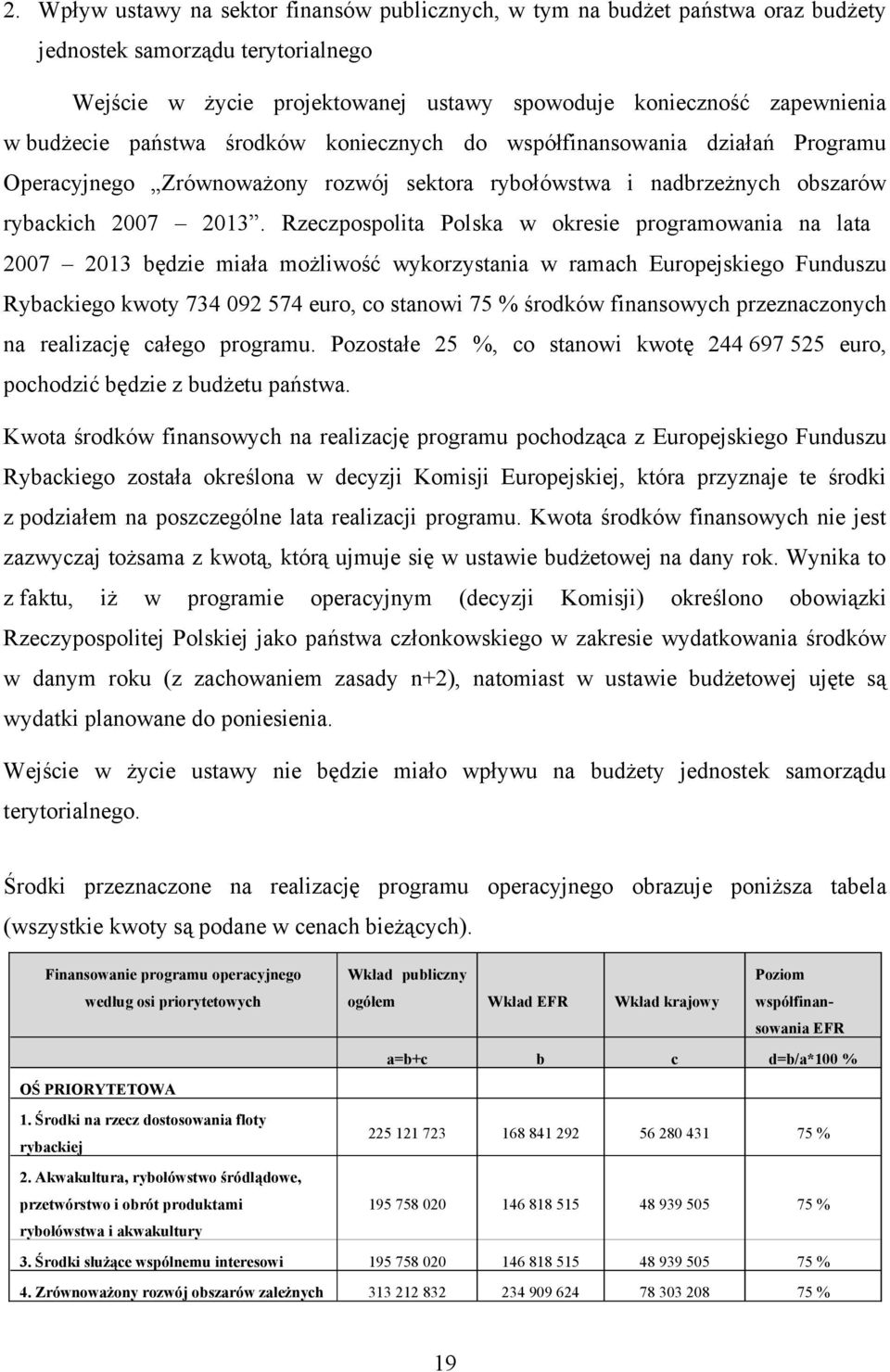 Rzeczpospolita Polska w okresie programowania na lata 2007 2013 będzie miała możliwość wykorzystania w ramach Europejskiego Funduszu Rybackiego kwoty 734 092 574 euro, co stanowi 75 % środków