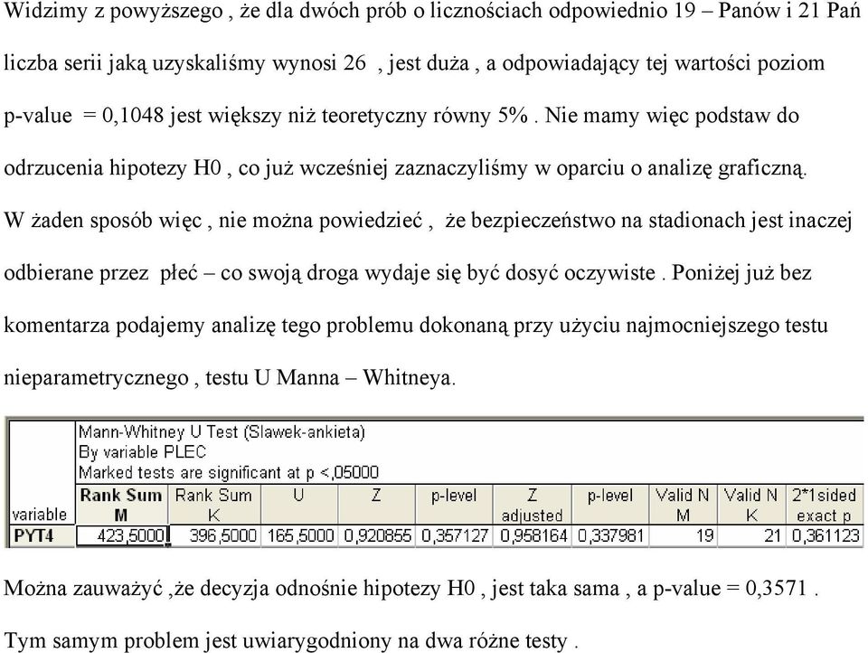 W żaden sposób więc, nie można powiedzieć, że bezpieczeństwo na stadionach jest inaczej odbierane przez płeć co swoją droga wydaje się być dosyć oczywiste.