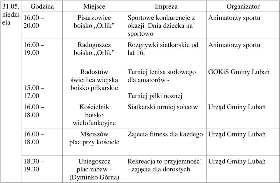 00 17.00 piłkarskie Turniej tenisa stołowego dla amatorów - Turniej piłki nożnej 18.