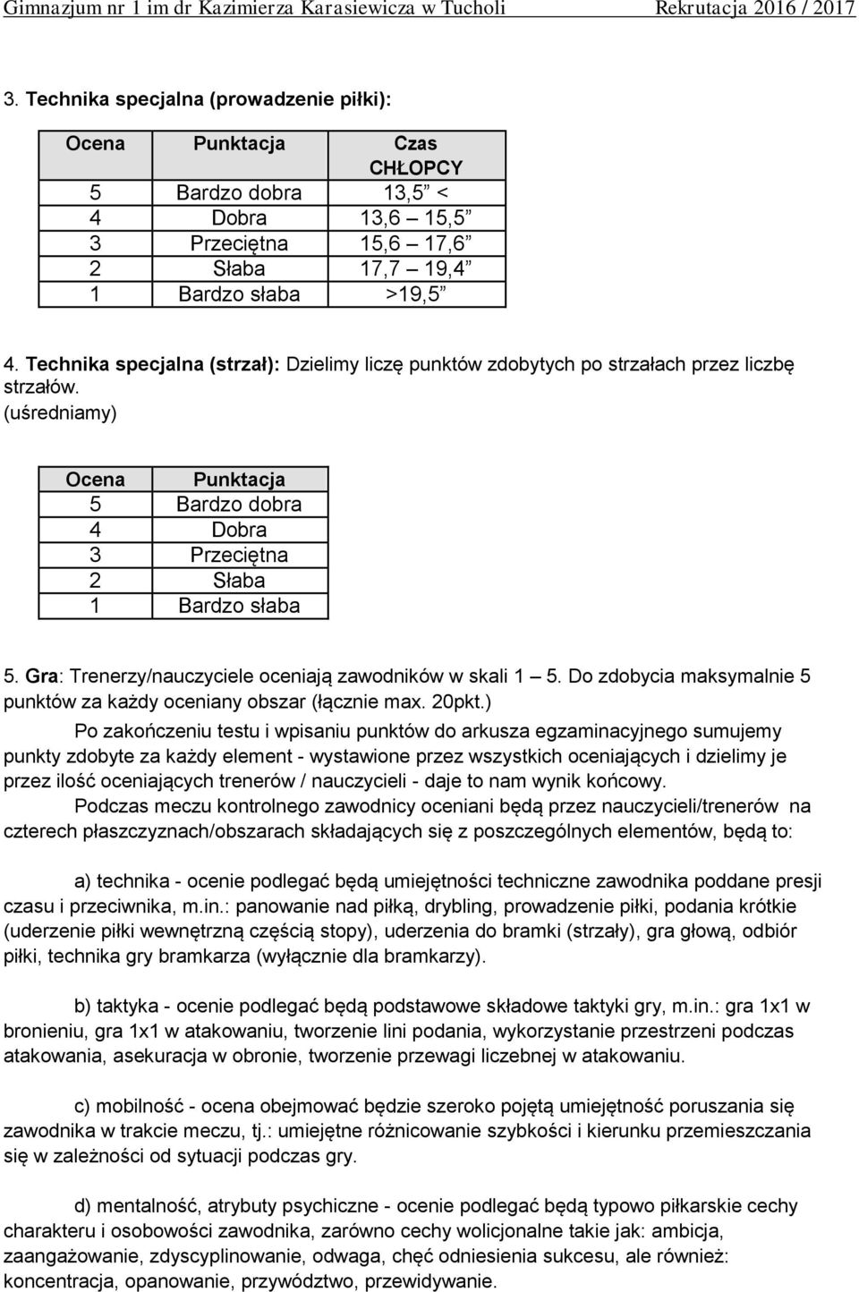 Gra: Trenerzy/nauczyciele oceniają zawodników w skali 1 5. Do zdobycia maksymalnie 5 punktów za każdy oceniany obszar (łącznie max. 20pkt.