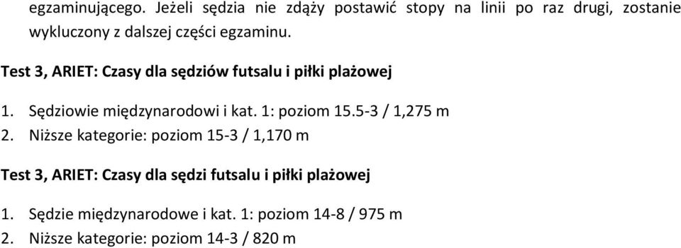 Test 3, ARIET: Czasy dla sędziów futsalu i piłki plażowej 1. Sędziowie międzynarodowi i kat. 1: poziom 15.