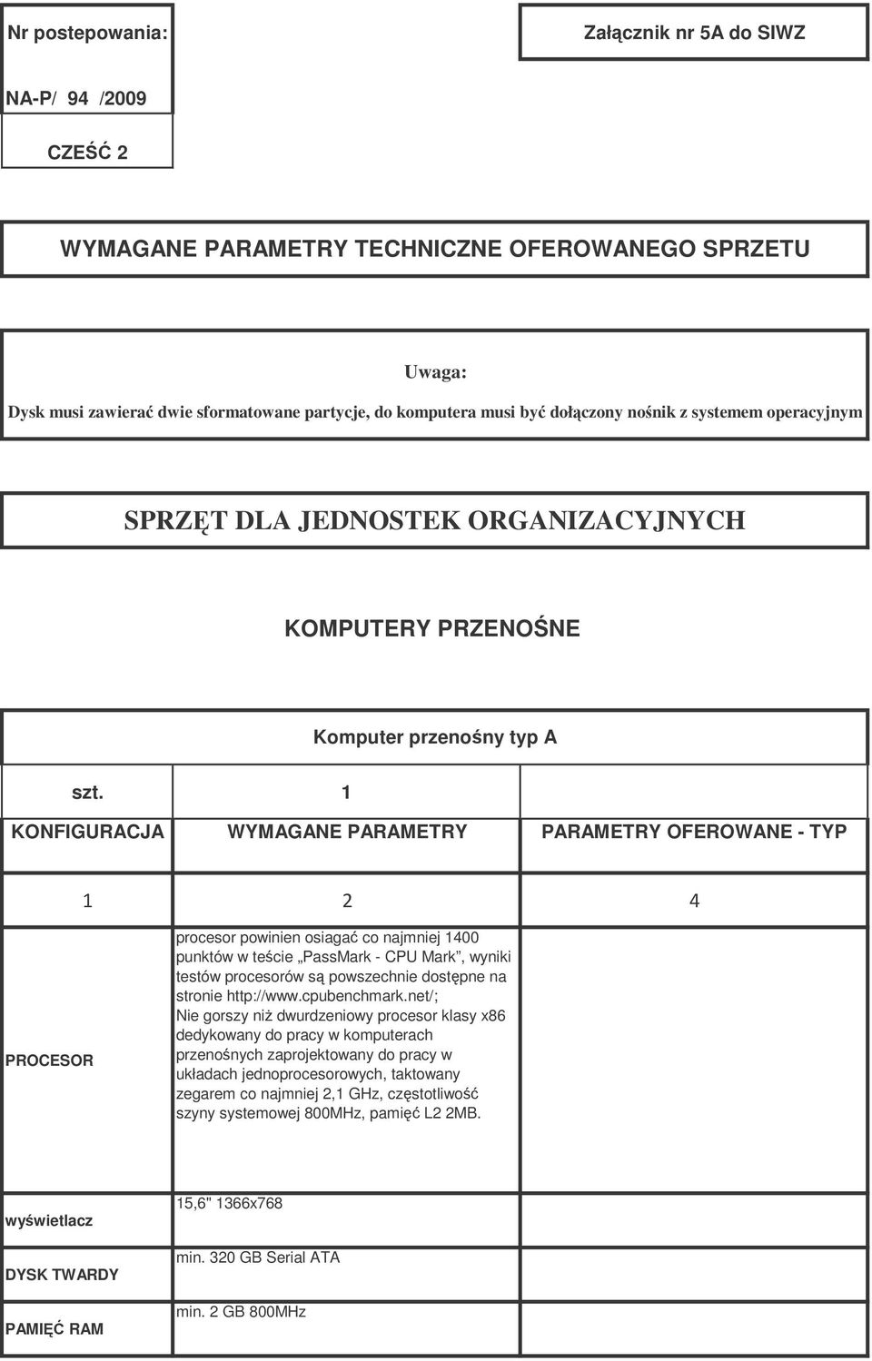 przenony typ A procesor powinien osiaga co najmniej 1400 punktów w tecie PassMark - CPU Mark, wyniki testów procesorów s powszechnie dostpne na