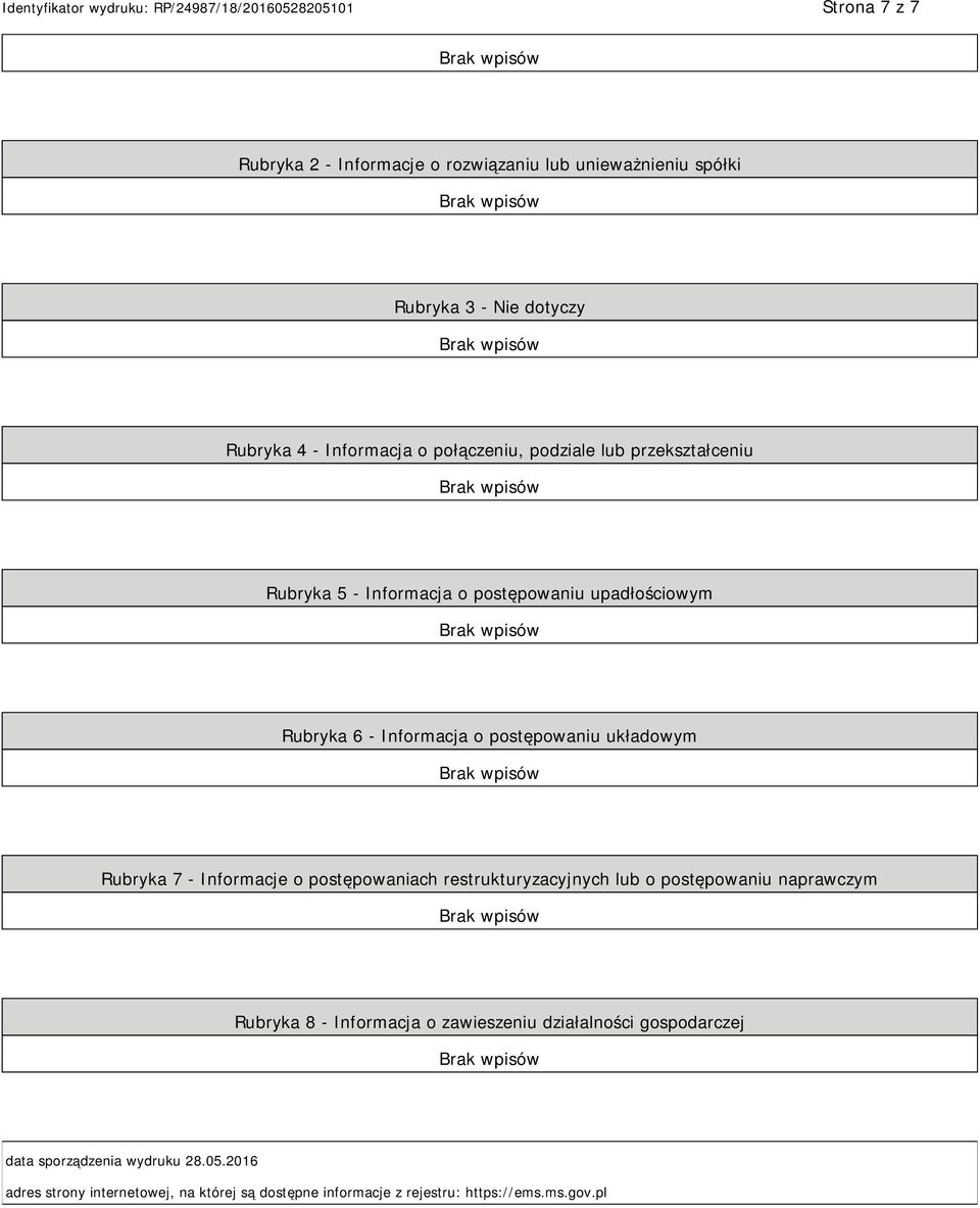 7 - Informacje o postępowaniach restrukturyzacyjnych lub o postępowaniu naprawczym Rubryka 8 - Informacja o zawieszeniu działalności