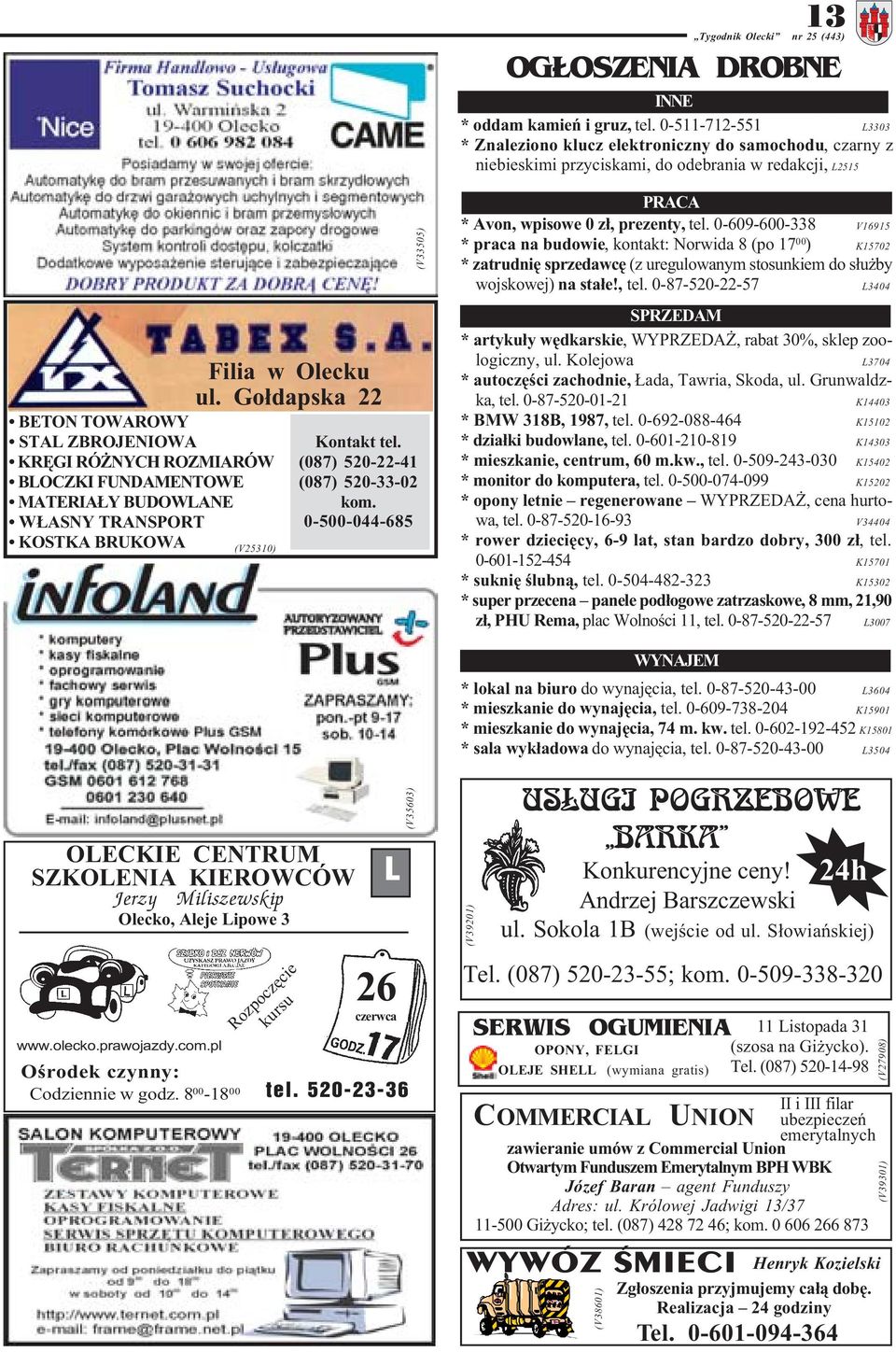 FUNDAMENTOWE MATERIA Y BUDOWLANE W ASNY TRANSPORT KOSTKA BRUKOWA Filia w Olecku ul. Go³dapska 22 (V25310) (V33505) Kontakt tel. (087) 520-22-41 (087) 520-33-02 kom.