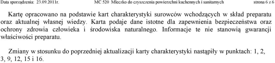 surowców wchodzących w skład preparatu oraz aktualnej własnej wiedzy.