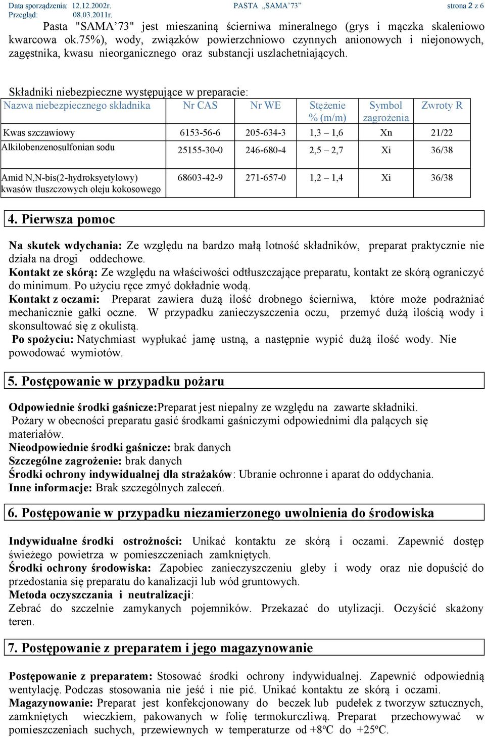 Składniki niebezpieczne występujące w preparacie: Nazwa niebezpiecznego składnika Nr CAS Nr WE Stężenie % (m/m) Symbol zagrożenia Zwroty R Kwas szczawiowy 6153-56-6 205-634-3 1,3 1,6 Xn 21/22