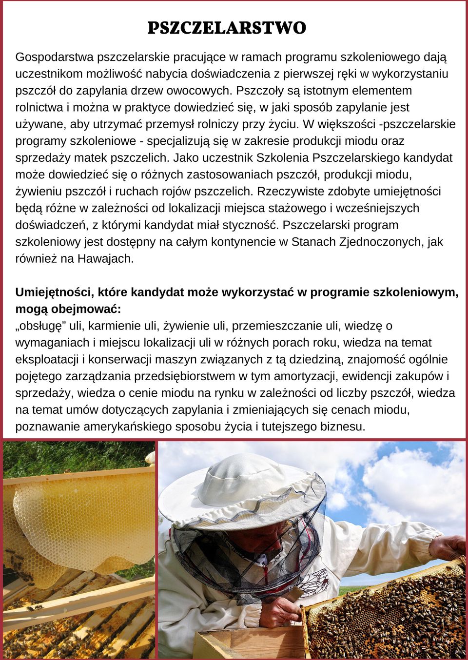 W większości pszczelarskie programy szkoleniowe specjalizują się w zakresie produkcji miodu oraz sprzedaży matek pszczelich.